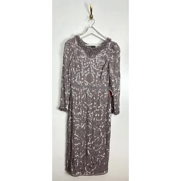 MAC DUGGAL Ruffle Neck Long Sleeve Sequin Midi Dress in Mauve Size US 6 - Picture 3 of 12